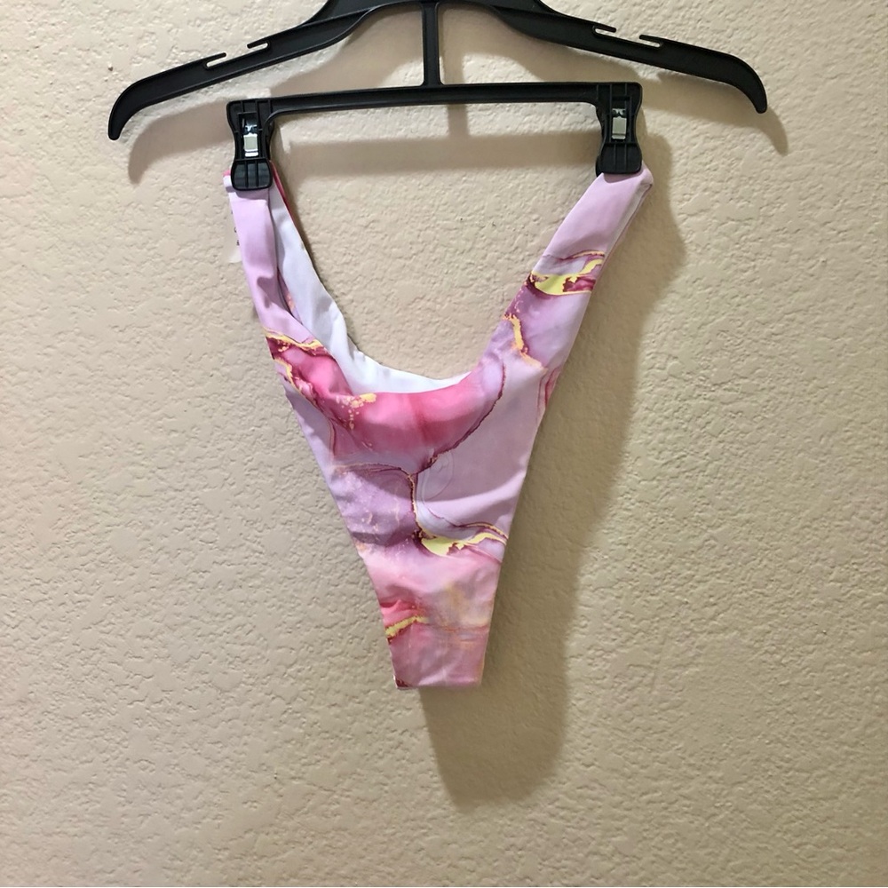Women's Pink Marble Triangle Bikini Top and Thongs with Skirt Coverup - Picture 4 of 5